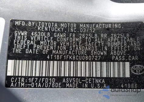 2012 Toyota Camry Le from USA, damaged, VIN 4T1BF1FK8CU080727